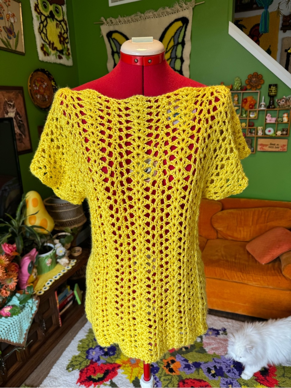 Hand-Crocheted Yellow Scoop Neck Lightweight Sweater